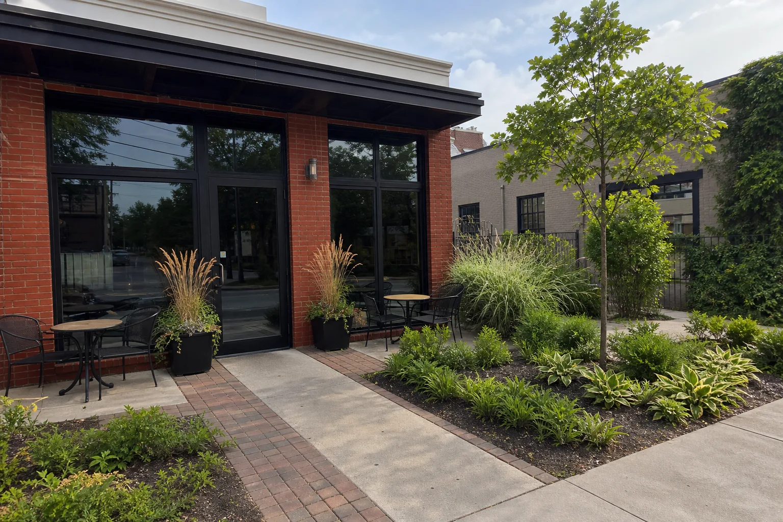 Landscaped brick storefront with an accessible walkway, small seating area, and layered planting