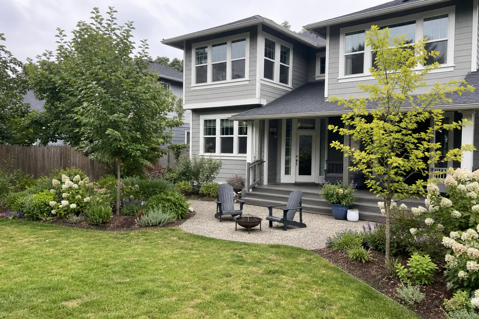 Landscaped family backyard with flowering beds, shade trees, lawn, and a gravel sitting area